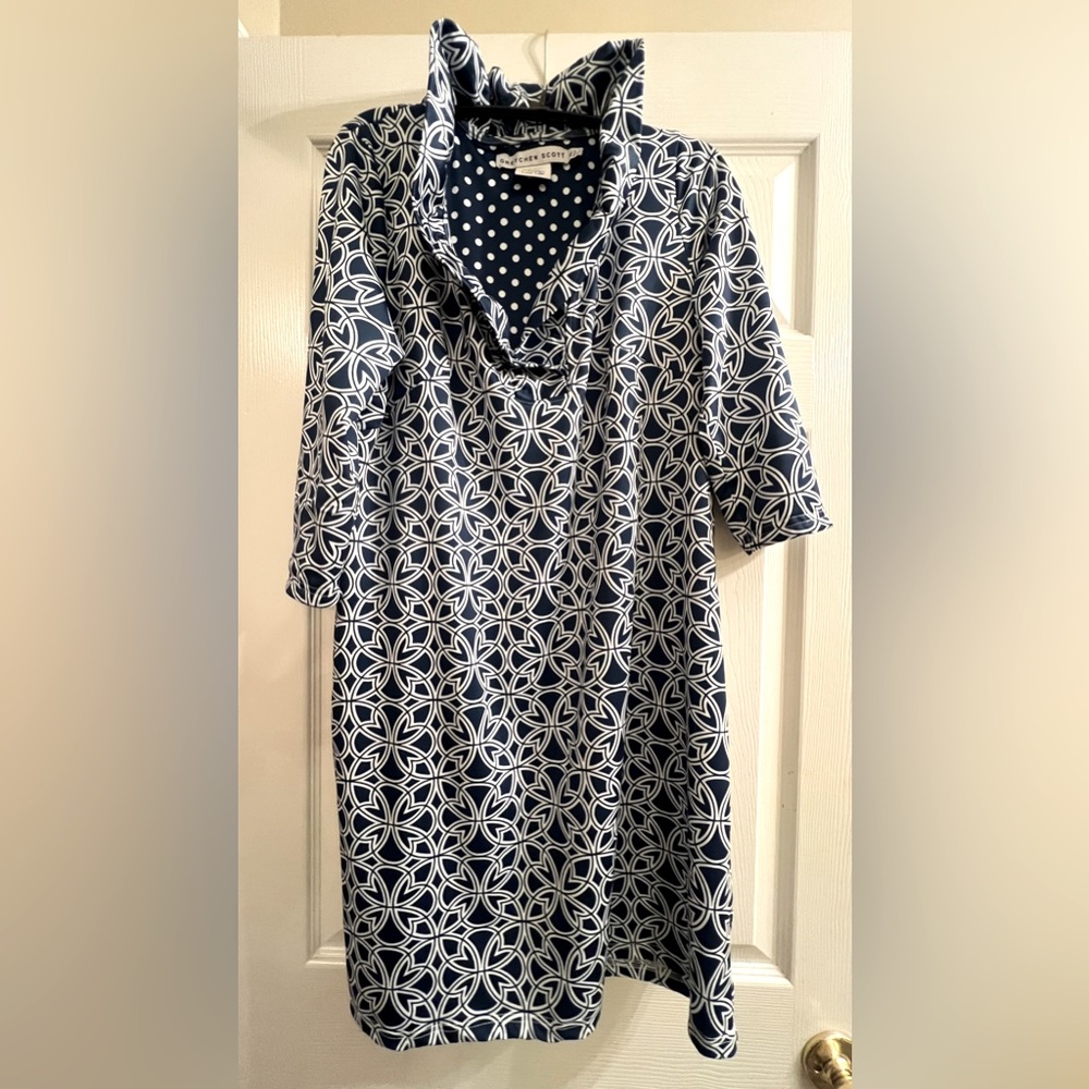 Gretchen Scott ruffle neck dress in a beautiful blue and white print. XL